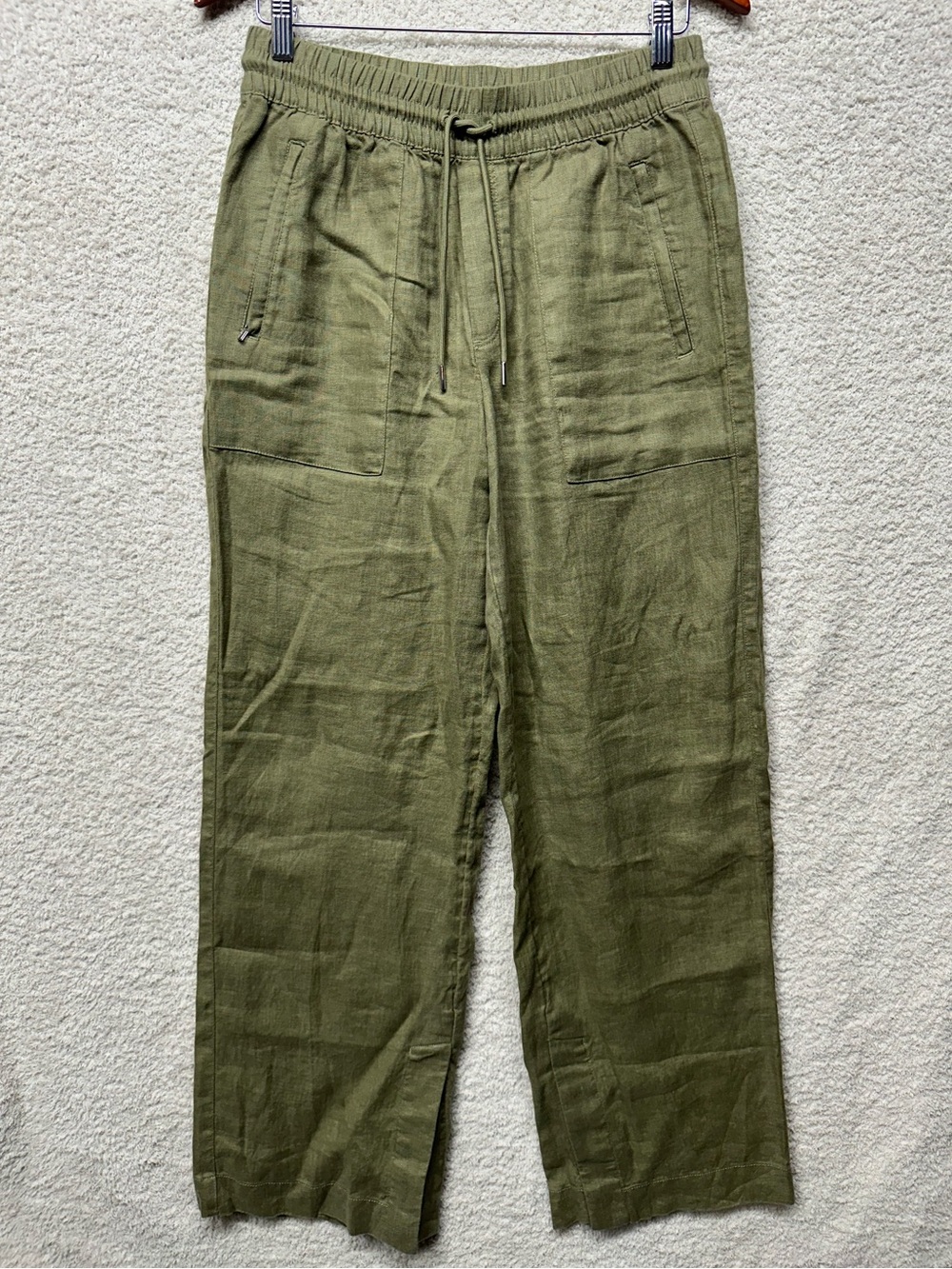 Athleta 100% Linen Wide Leg Pants Small Olive Green Pull On Drawstring Pockets